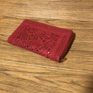 Big Buddha women coral red leather wallet clutch, engineered holes and woven, al